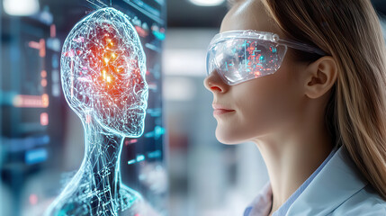 Innovative biotechnology research with scientist using augmented reality glasses, analyzing neural data and digital brain models