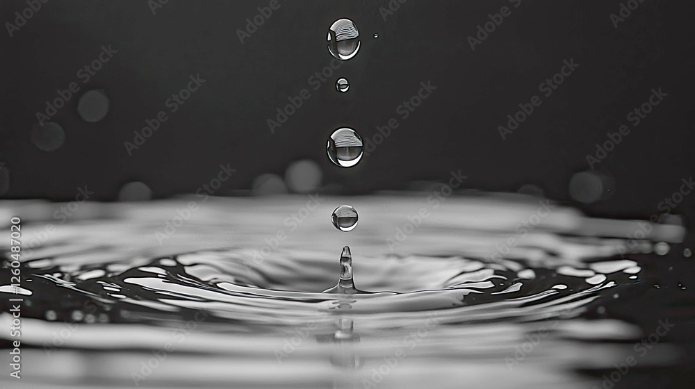 Poster water droplet impact: abstract monochromatic macro photography of a water drop splashing into still 