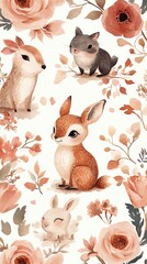 Obraz premium Whimsical Woodland Love: Adorable Forest Friends Cute animals among floral patterns.
