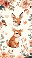 Fototapeta premium Whimsical Woodland Love: Adorable Forest Friends Cute illustrated animals with floral elements.