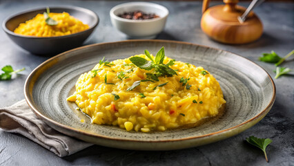 Creamy saffron risotto garnished with fresh herbs in an elegant plate