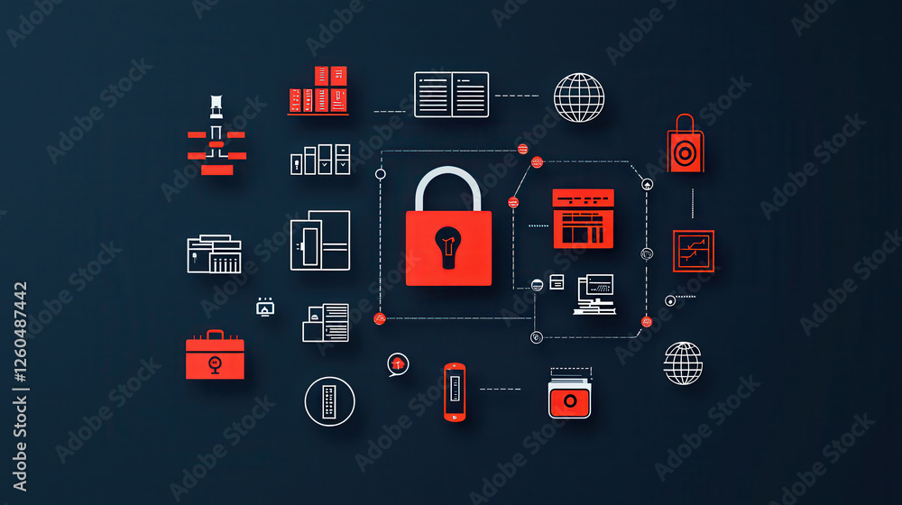 Poster Secure digital lock with cybernetic icons and holographic elements, representing data protection and cybersecurity. design features various technology symbols, emphasizing security