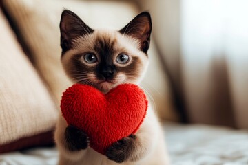 Cute burmese feline infant with critter toy red heart at cozy living space. Digital ads furry friend creative. Burmese - my desired cat, symbol of care. Love and furry kisses. Feline valentine.