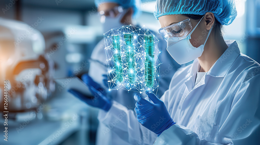 Poster innovative scientists in pharmaceutical lab analyze data with futuristic technology. their focus on 