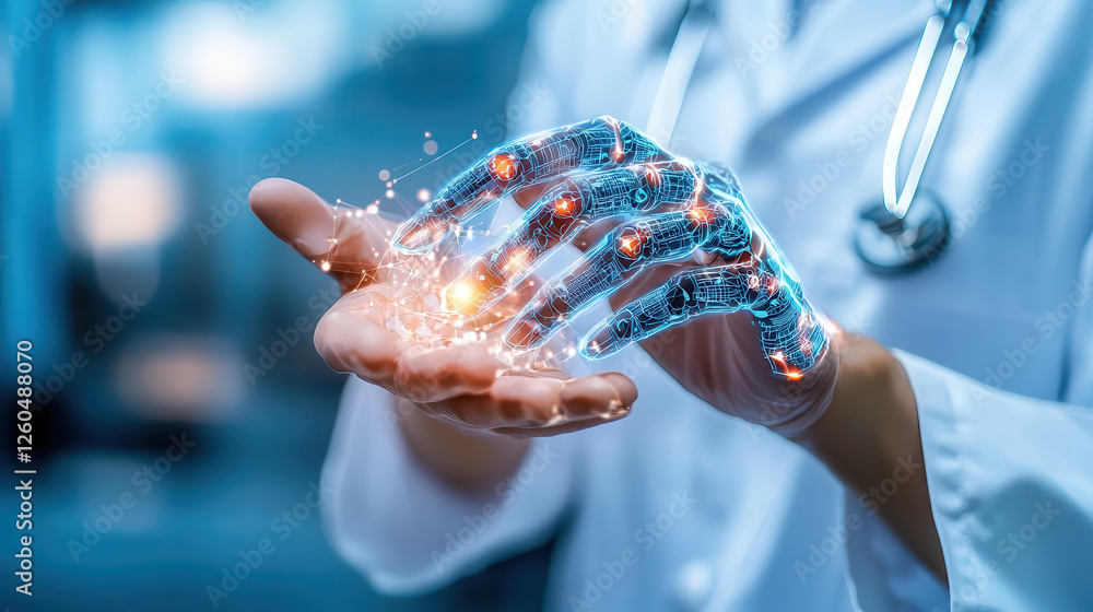 Fototapete futuristic robotic hand interacting with holographic technology in medical setting. this showcases i