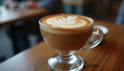 Beautiful latte art in glass cup on wooden table with blurred background
