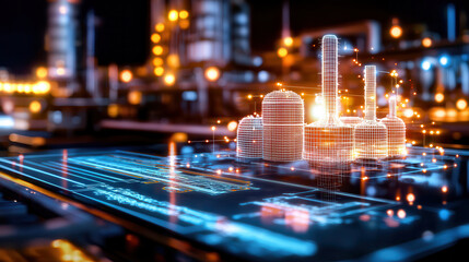 Futuristic biomass energy plant with holographic design and glowing elements, showcasing advanced technology and innovation in renewable energy solutions