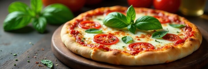 Classic Margherita pizza, fresh basil garnish, culinary, tasty, rustic