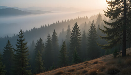 Obraz premium Misty mountain forest at sunrise