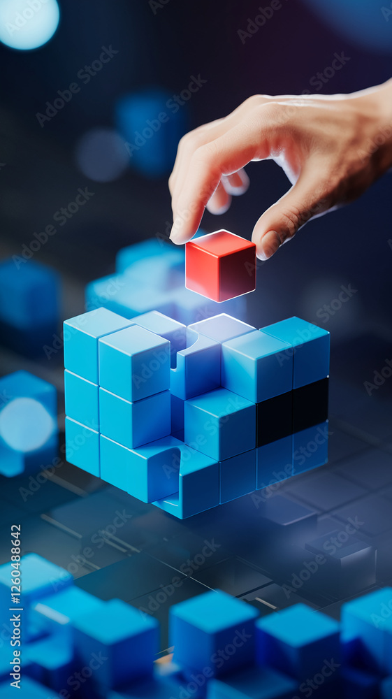 Poster a hand placing a red cube into a floating 3d puzzle structure, symbolizing creativity, problem-solvi