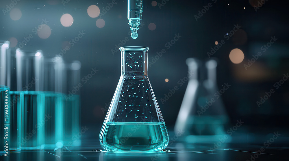 Aufkleber Futuristic laboratory with pipette dropping liquid into flask, showcasing advanced chemistry and science experiments. atmosphere is vibrant and innovative