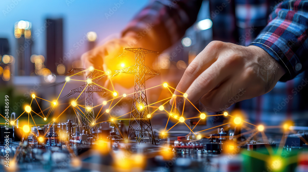 Poster innovative energy management with power lines and technology connections. person interacts with digi