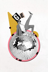 Poster image vertical photo collage of happy old man dance retro dico ball celebration event chill...