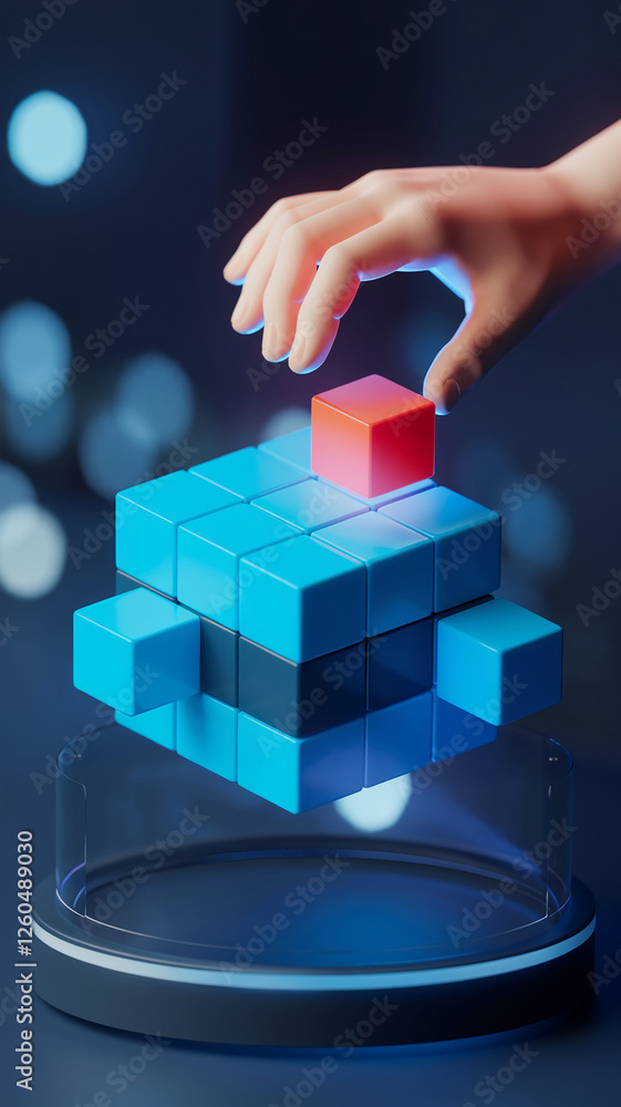 Poster a hand placing a red cube into a 3d floating puzzle structure, symbolizing problem-solving, innovati