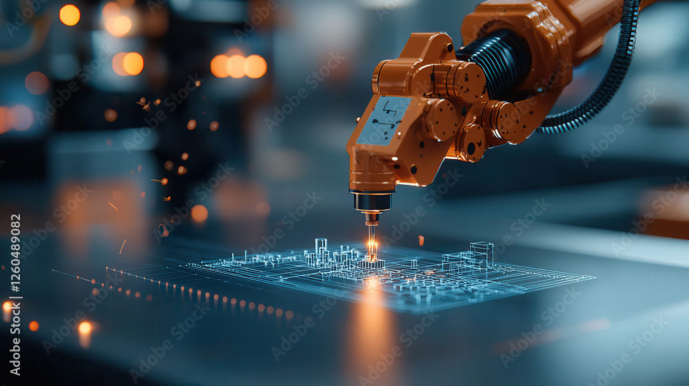 Poster High tech robotic arm working on digital blueprint in modern engineering lab, showcasing advanced mechanical engineering and automation technology