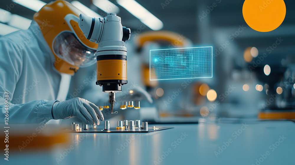 Poster High tech robotic arm assembling mechanical parts in modern lab. scene showcases advanced engineering technology and precision in manufacturing processes