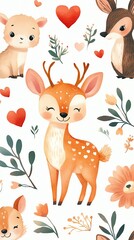 Whimsical Woodland Love: Adorable Forest Friends Cute deer and animals in a floral design.