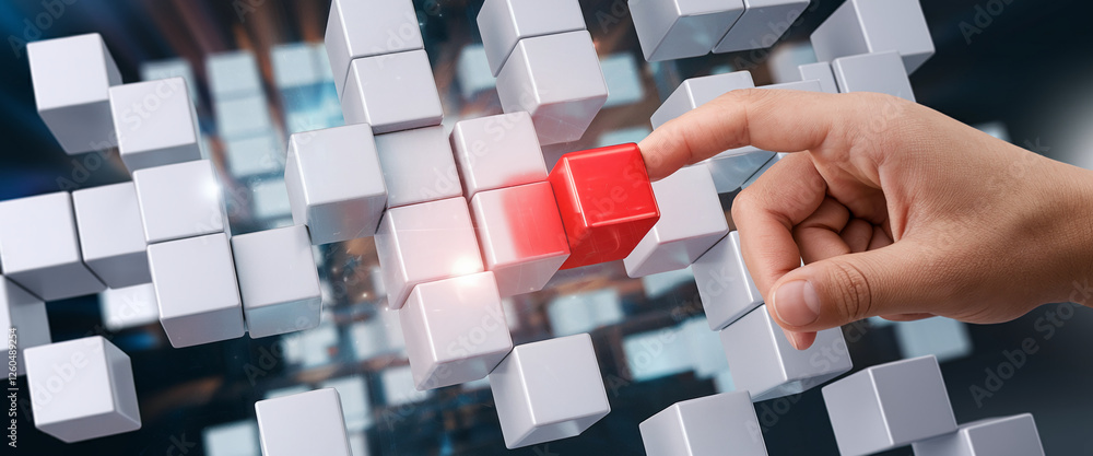 Poster a hand placing a red cube into a 3d puzzle structure, symbolizing problem-solving, decision-making, 
