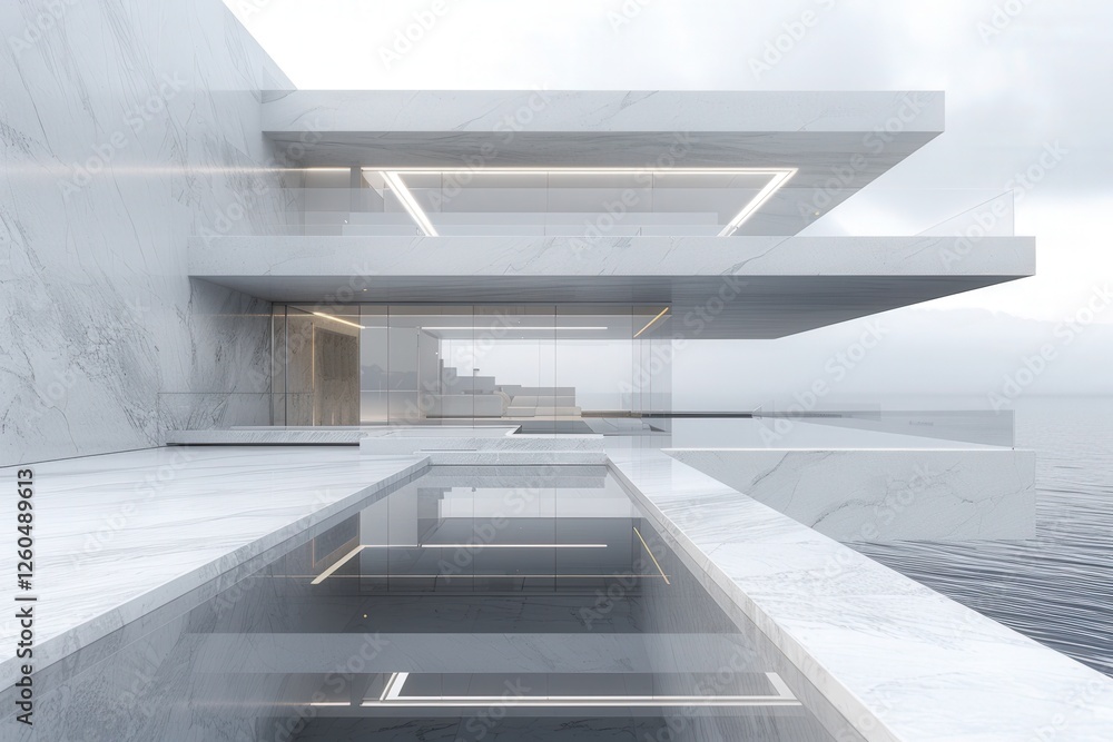 Poster a white building with a glass facade and a pool in front of it