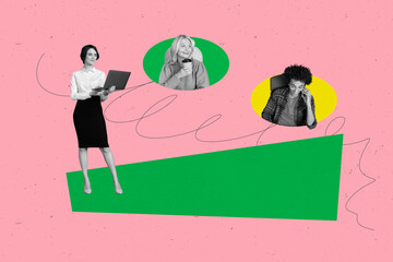 Trend artwork design collage of team office manager young lady stand work laptop man woman head...