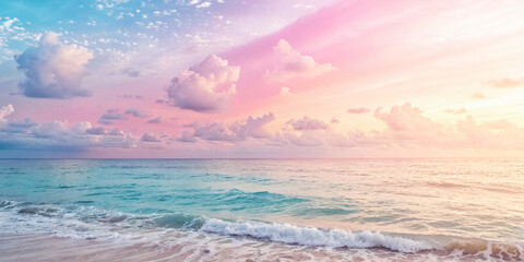 Obraz premium Smooth gradient of colors on the sky with a dreamy wavy sea view, reflecting the sky