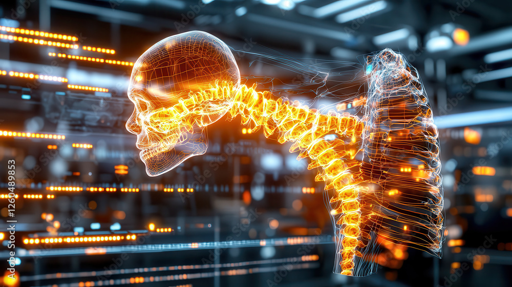 Aufkleber digital representation of human spine and skull with glowing elements, showcasing advanced technolog
