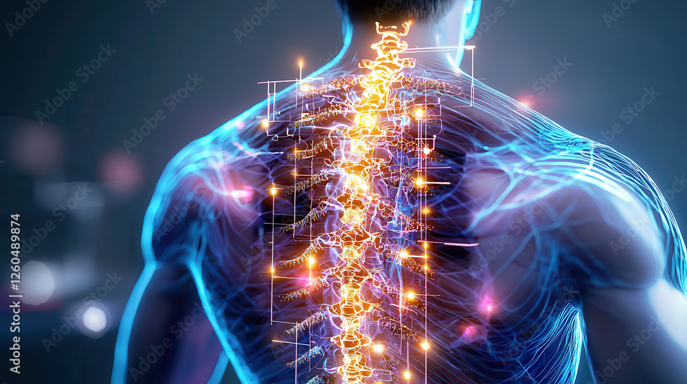 Poster 3D visualization of human spine with glowing neural pathways, showcasing innovative healthcare diagnostics and technology in futuristic setting