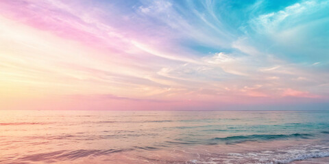 Obraz premium Smooth gradient of colors on the sky with a dreamy wavy sea view, reflecting the sky