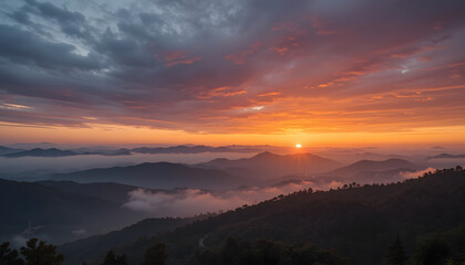 Fototapeta premium Mountain sunset over misty valley
