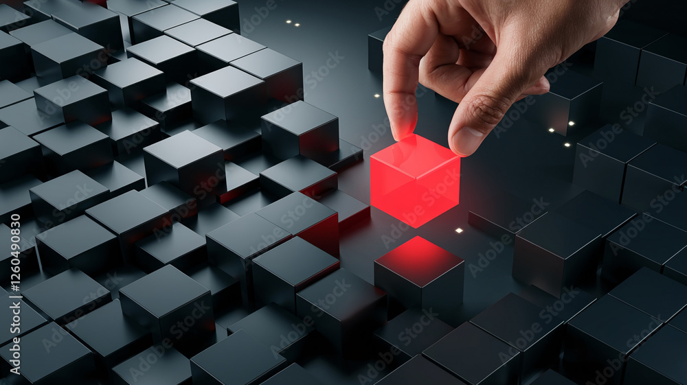 Poster a hand placing a glowing red cube into a matrix of black cubes, symbolizing innovation, problem-solv
