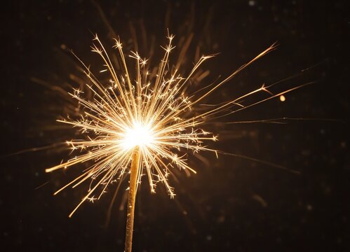 An image of a glowing sparkler stick in focus emitting vibrant golden sparks against a dark background