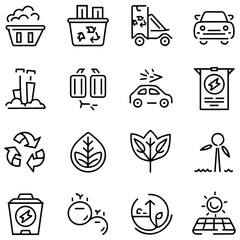 Net zero line icons collection. Sorting, recyclable, electric car, organic, solar energy icons. UI icon set..............