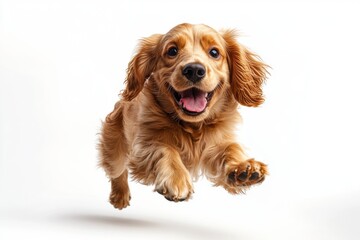 Happy Cocker Spaniel Puppy Jumping on White Background