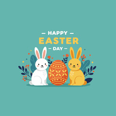 Celebrating Happy Easter Day with Bunny Rabbits and Decorated Egg