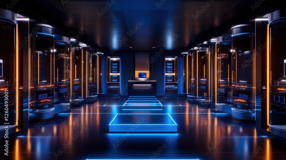 Poster futuristic high-tech server room with glowing neon lights and sleek modern design. perfect for illus