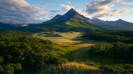 Naklejka premium Expansive Green Valley Landscape With Mountain And Cloudy Sky Under Sunlight