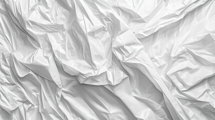 Obraz premium Crumpled white plastic wrap texture with glossy surface and intricate folds, creating dynamic visual effect. Ideal for backgrounds or overlays in design projects