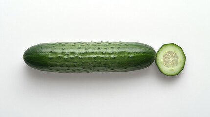 Whole Green Cucumber and Freshly Cut Slice on White Background