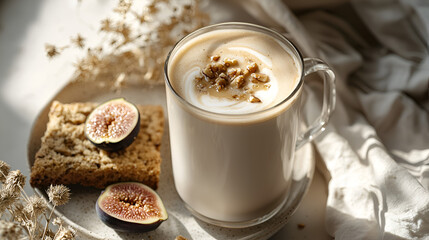 Cozy breakfast scene with latte, figs, and baked treat in natural light. A delightful start to the day.