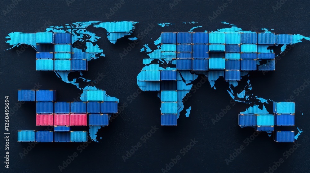Poster colorful world map created with shipping containers on dark background