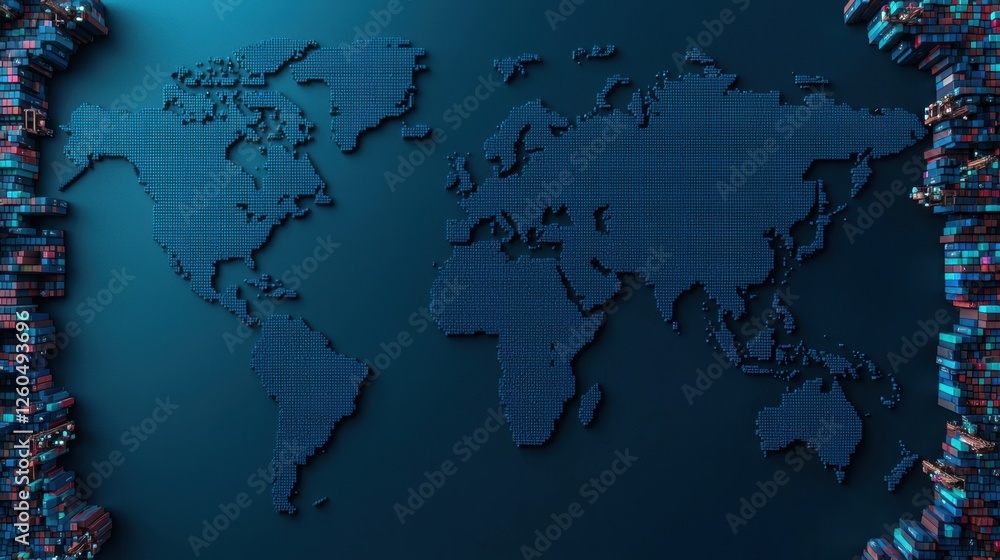 Poster world map with shipping containers background in modern design