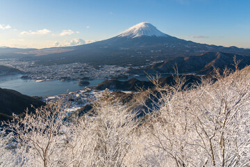 厳冬の新道峠から朝日に輝く霧氷の木々と富士山