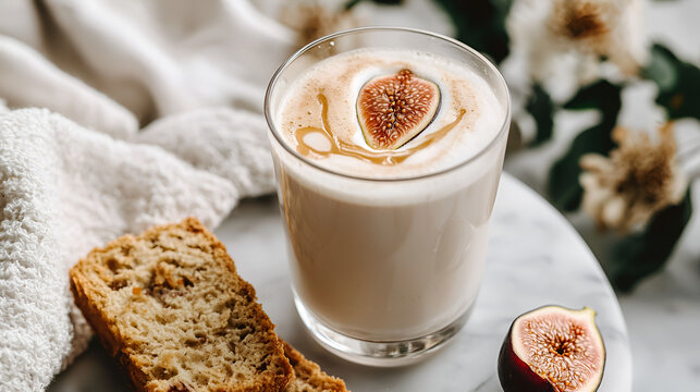 Fig latte with a slice of cake on a marble surface with a floral garnish for a soothing experience.