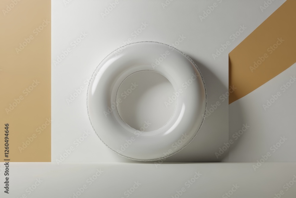 Poster white circular object resting against a geometric wall with soft earth tones in a minimalist interio