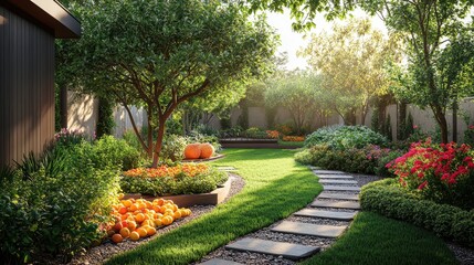 Fototapeta premium Lush garden pathway with vibrant flowers, fruit trees, and soft sunlight creating a serene atmosphere.