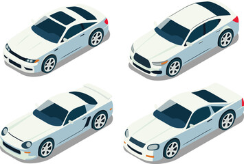 Set of isometric sports car, car with sunroof vector illustration
