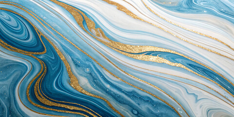 Abstract fluid marble swirl background with vibrant blue, gold, and white flowing lines, creating a luxurious and elegant texture