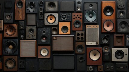 Obraz premium Vintage Speakers Wall Display with Diverse Sound Equipment Array