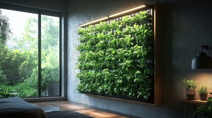 Indoor vertical garden featuring lush greenery beside a large window with natural light.