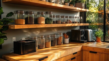 Bright kitchen with wooden shelves, glass jars, and plants, showcasing a cozy, organized space.